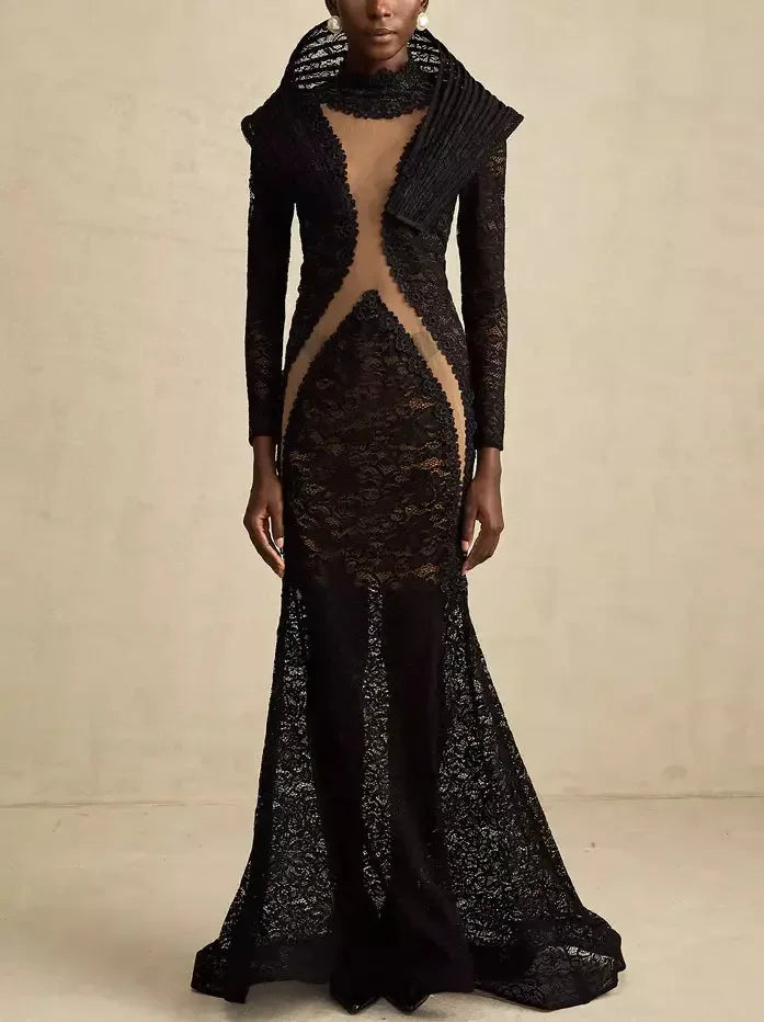 Black Lace Structured-Collar Split-Detailed Gown - Dresses