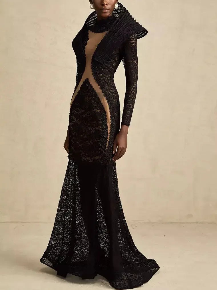 Black Lace Structured-Collar Split-Detailed Gown - Dresses
