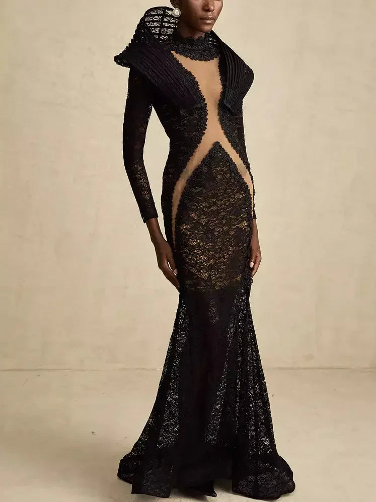 Black Lace Structured-Collar Split-Detailed Gown - Dresses