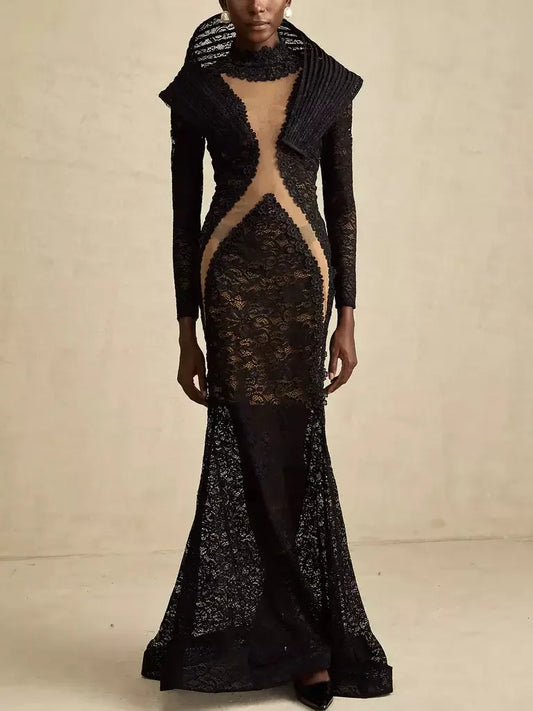 Black Lace Structured-Collar Split-Detailed Gown - Dresses