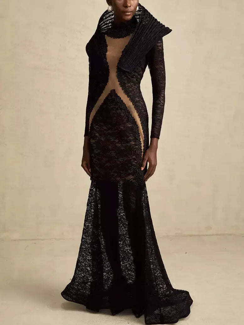 Black Lace Structured-Collar Split-Detailed Gown - Dresses