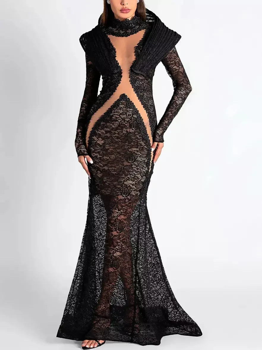 Black Lace Structured-Collar Split-Detailed Gown - Dresses