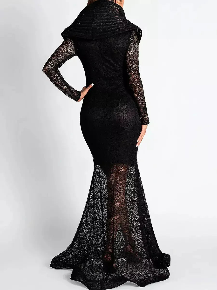Black Lace Structured-Collar Split-Detailed Gown - Dresses