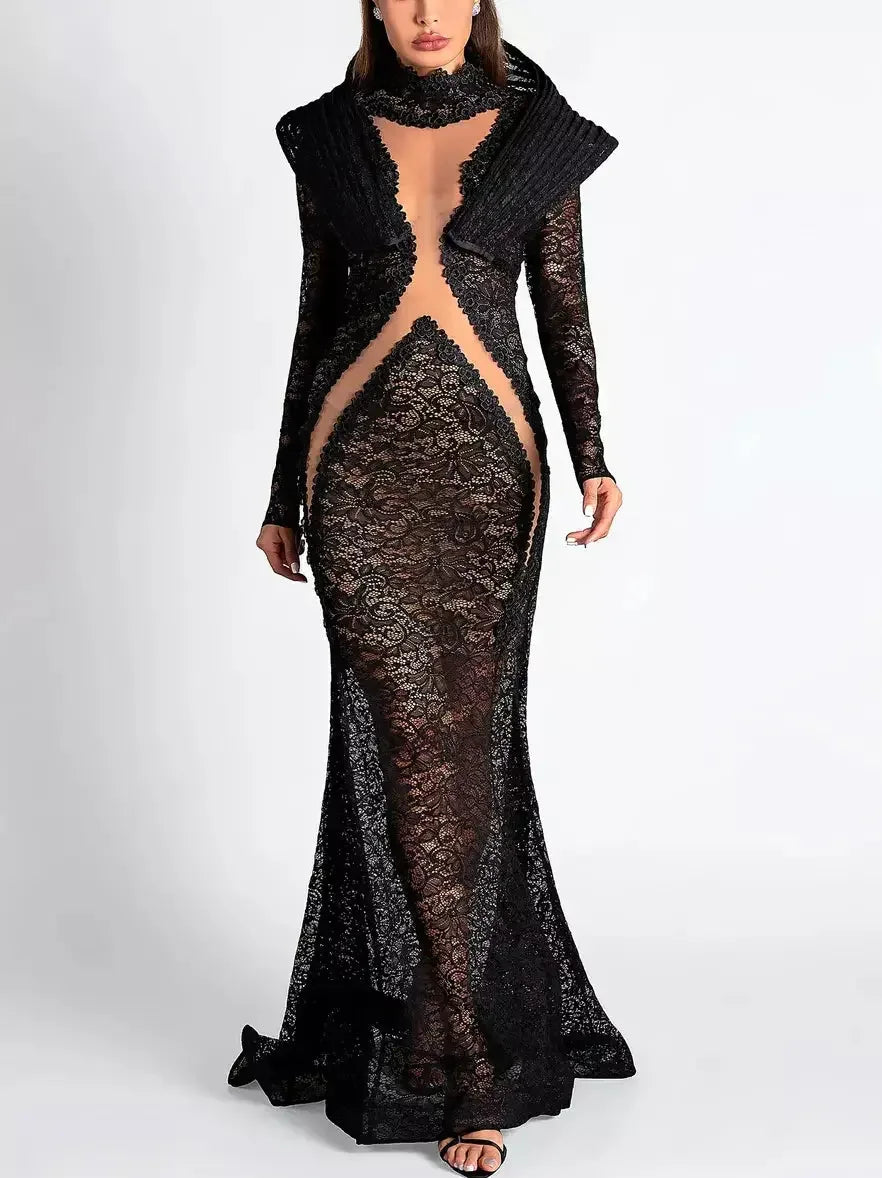 Black Lace Structured-Collar Split-Detailed Gown - Dresses