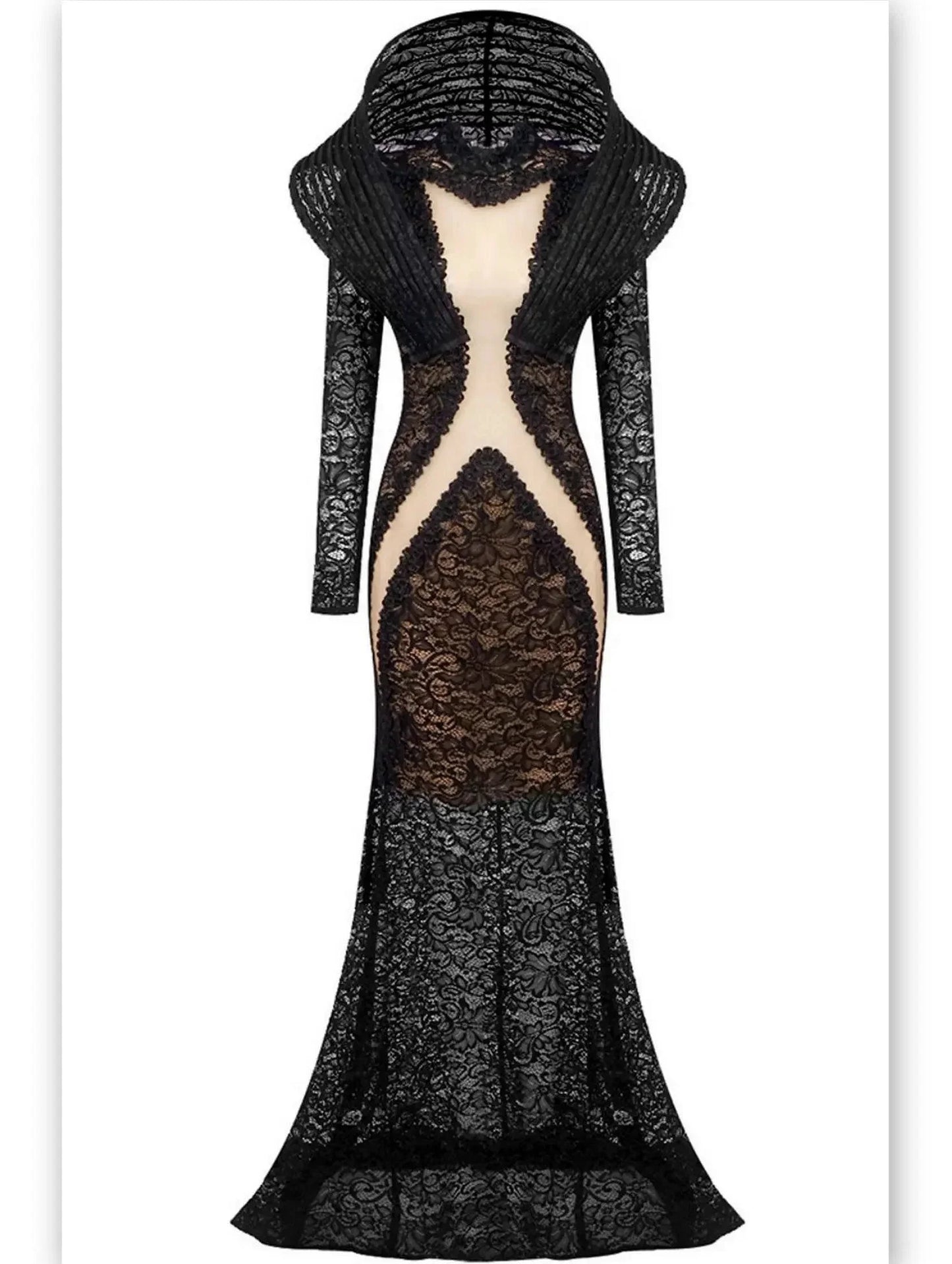 Black Lace Structured-Collar Split-Detailed Gown - Dresses