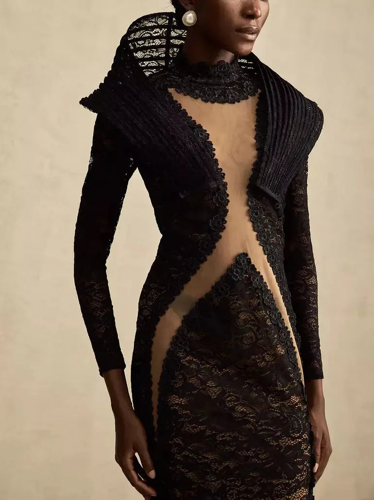 Black Lace Structured-Collar Split-Detailed Gown - Dresses