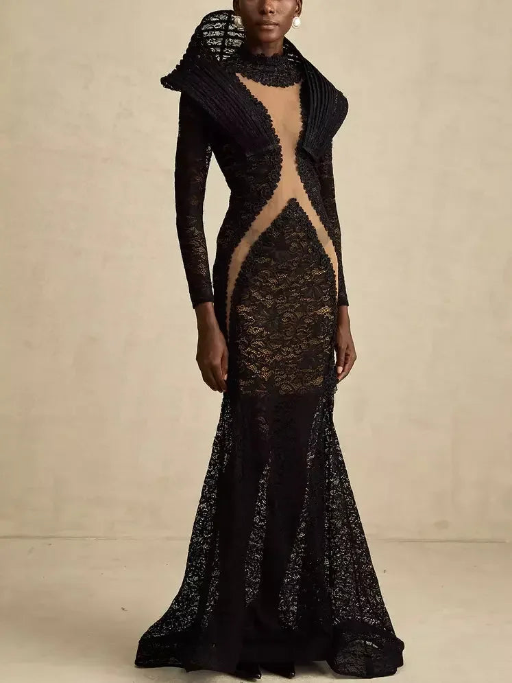 Black Lace Structured-Collar Split-Detailed Gown - Dresses