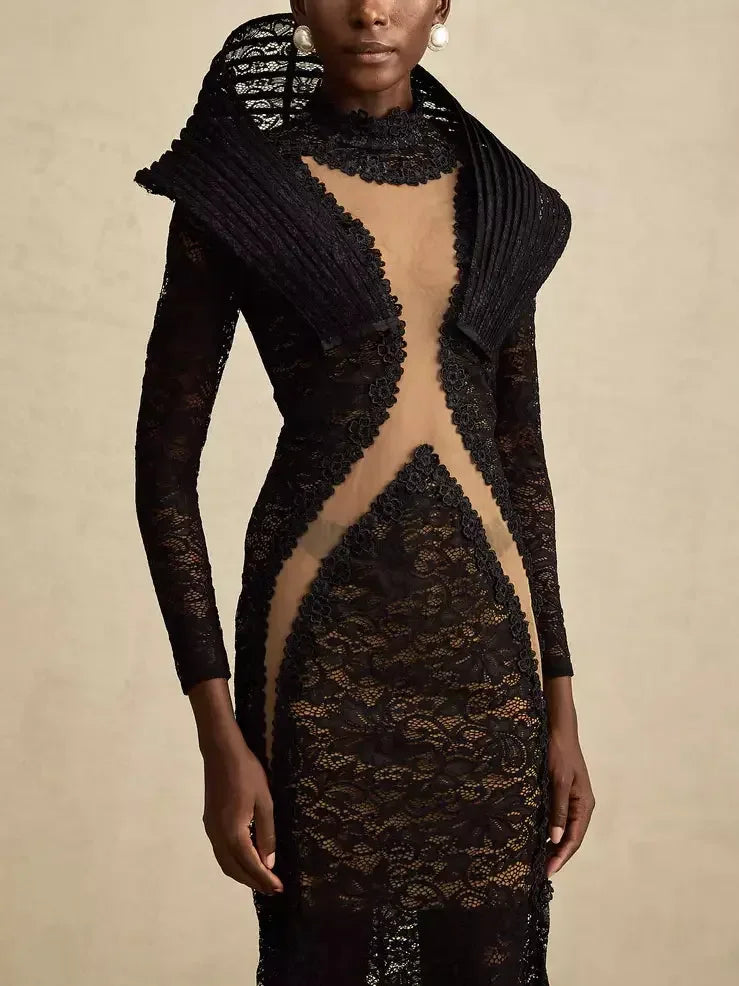 Black Lace Structured-Collar Split-Detailed Gown - Dresses