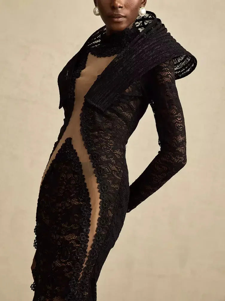 Black Lace Structured-Collar Split-Detailed Gown - Dresses