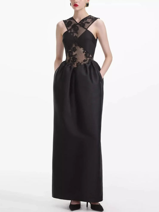 Black Lace Taffeta Cross-Front Maxi Dress - Dresses