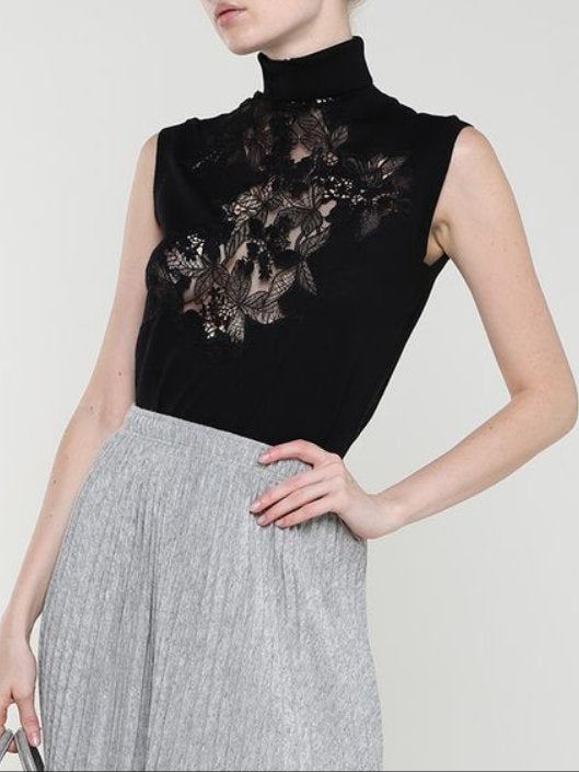 Black Lace-Trim Sleeveless High-Neck Sweater - Sweaters & Knitwear