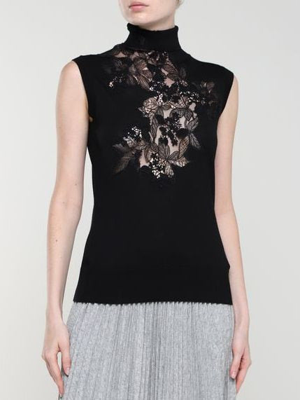Black Lace-Trim Sleeveless High-Neck Sweater - Sweaters & Knitwear