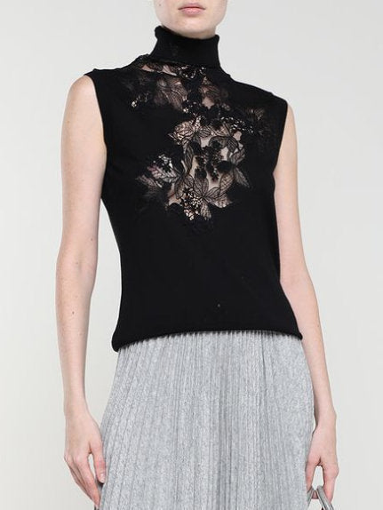 Black Lace-Trim Sleeveless High-Neck Sweater - Sweaters & Knitwear
