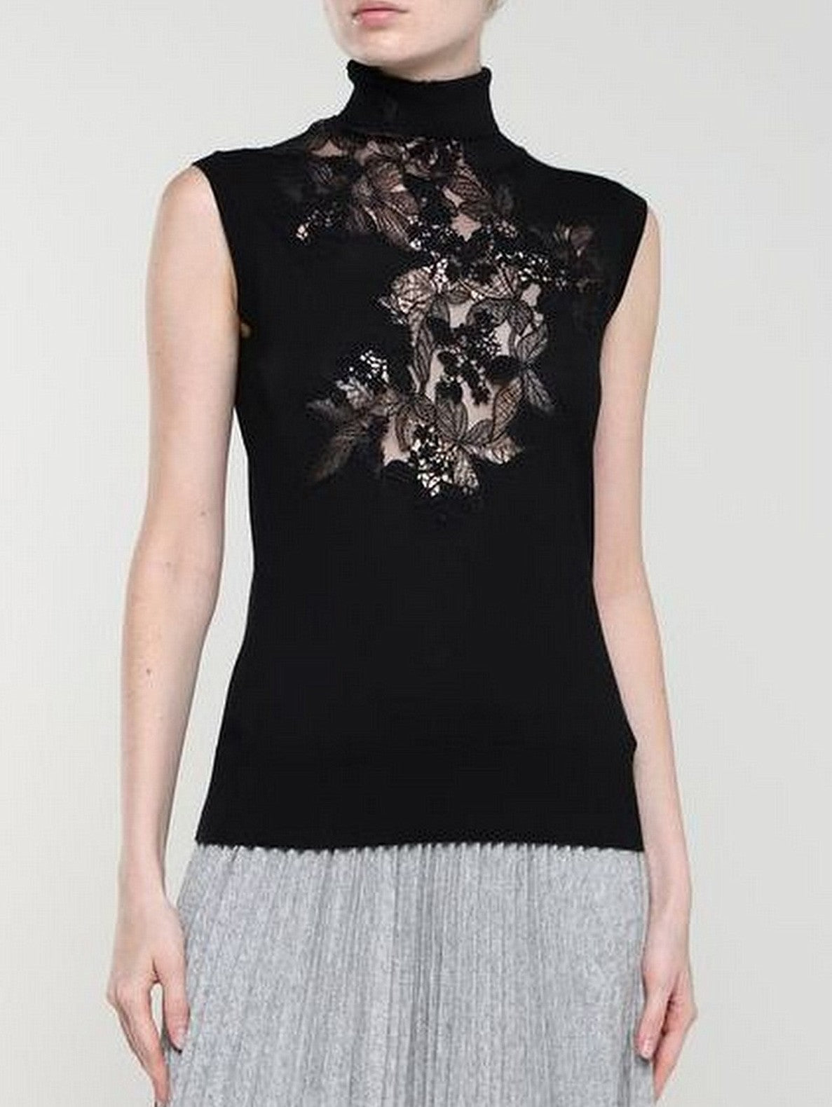 Black Lace-Trim Sleeveless High-Neck Sweater - Small - Sweaters & Knitwear