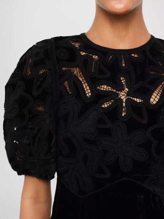 Black Lace-Trimmed Embroidered Velvet Midi Dress - Dresses