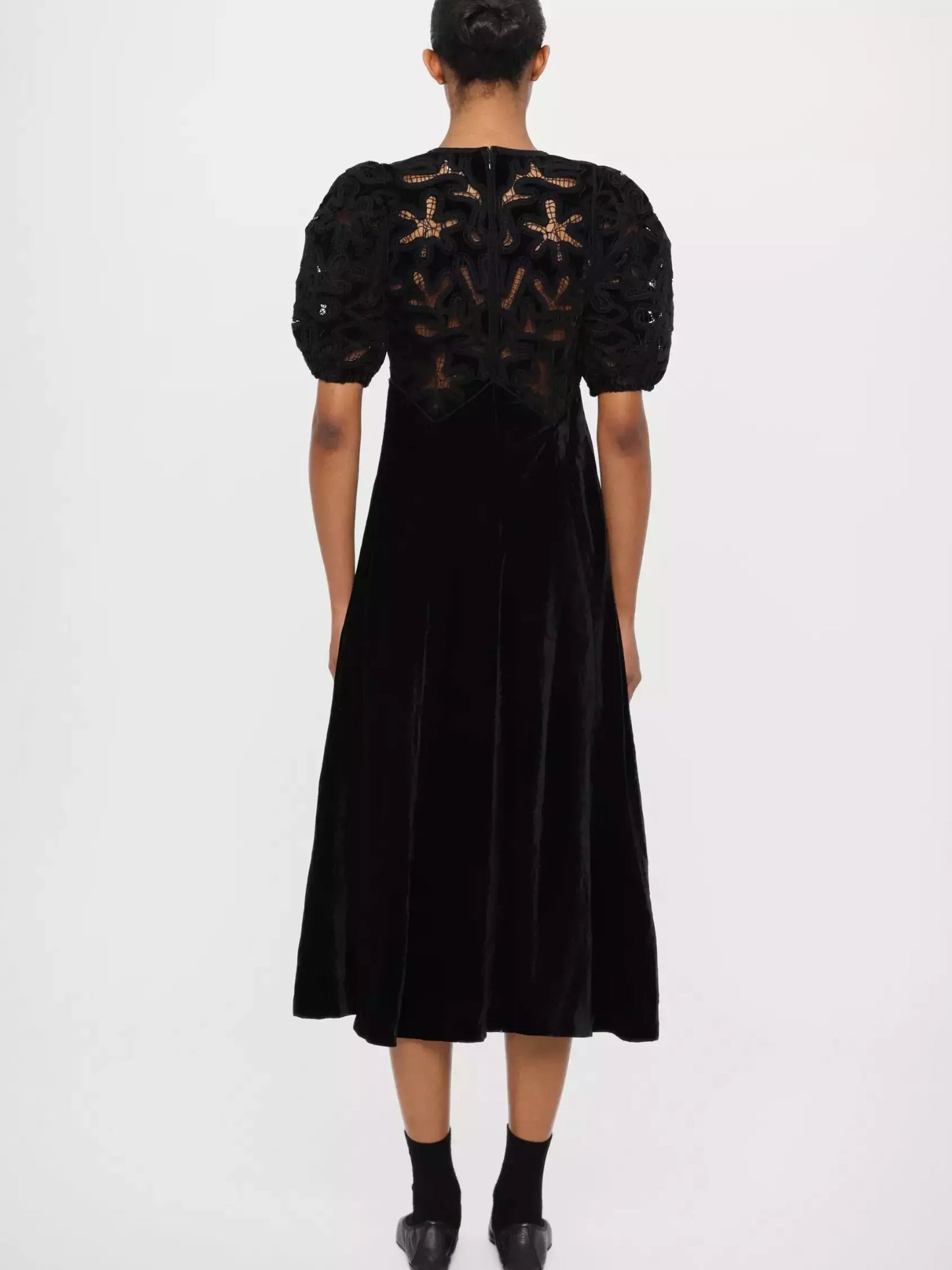 Black Lace-Trimmed Embroidered Velvet Midi Dress - Dresses