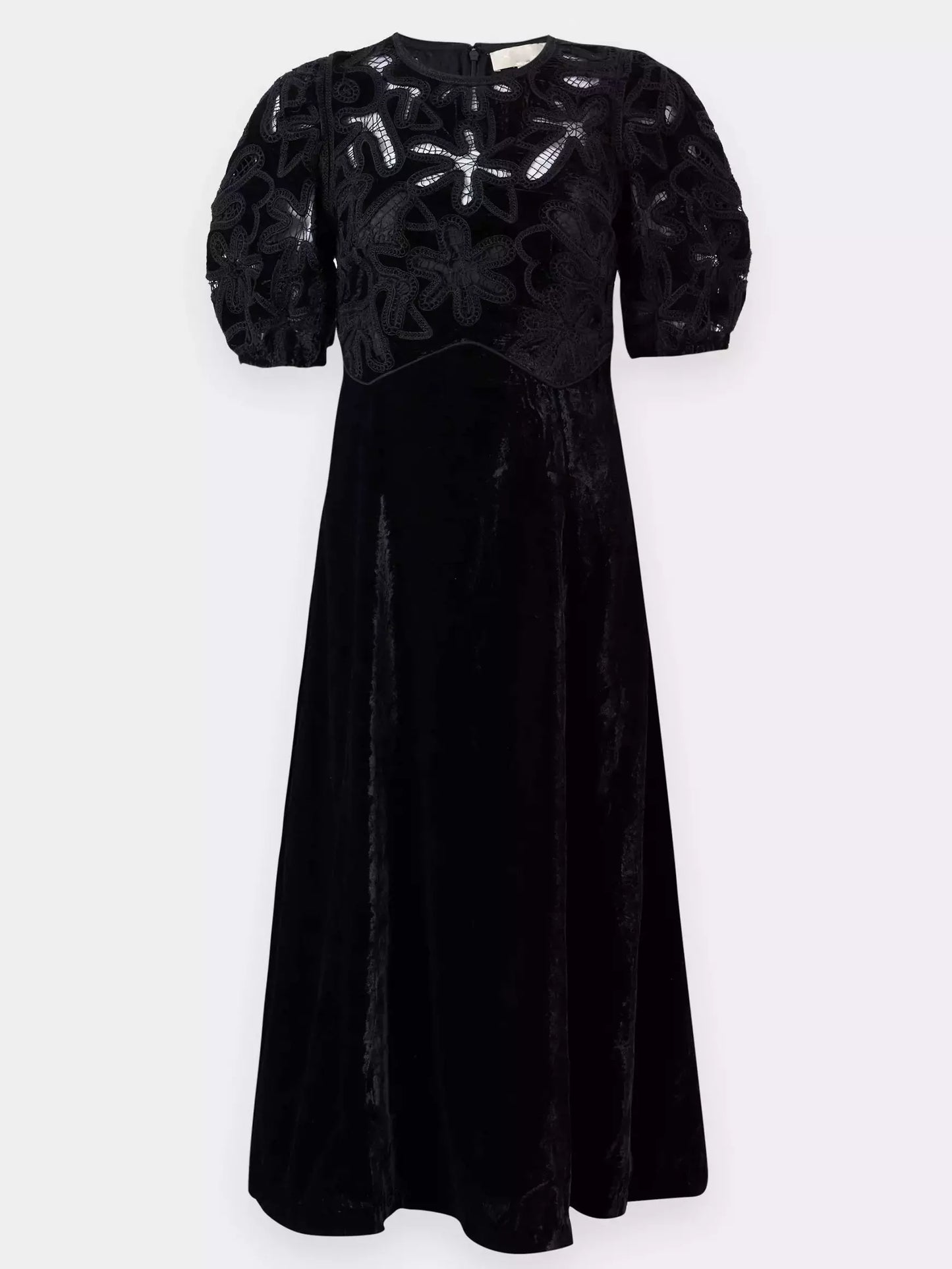 Black Lace-Trimmed Embroidered Velvet Midi Dress - Dresses