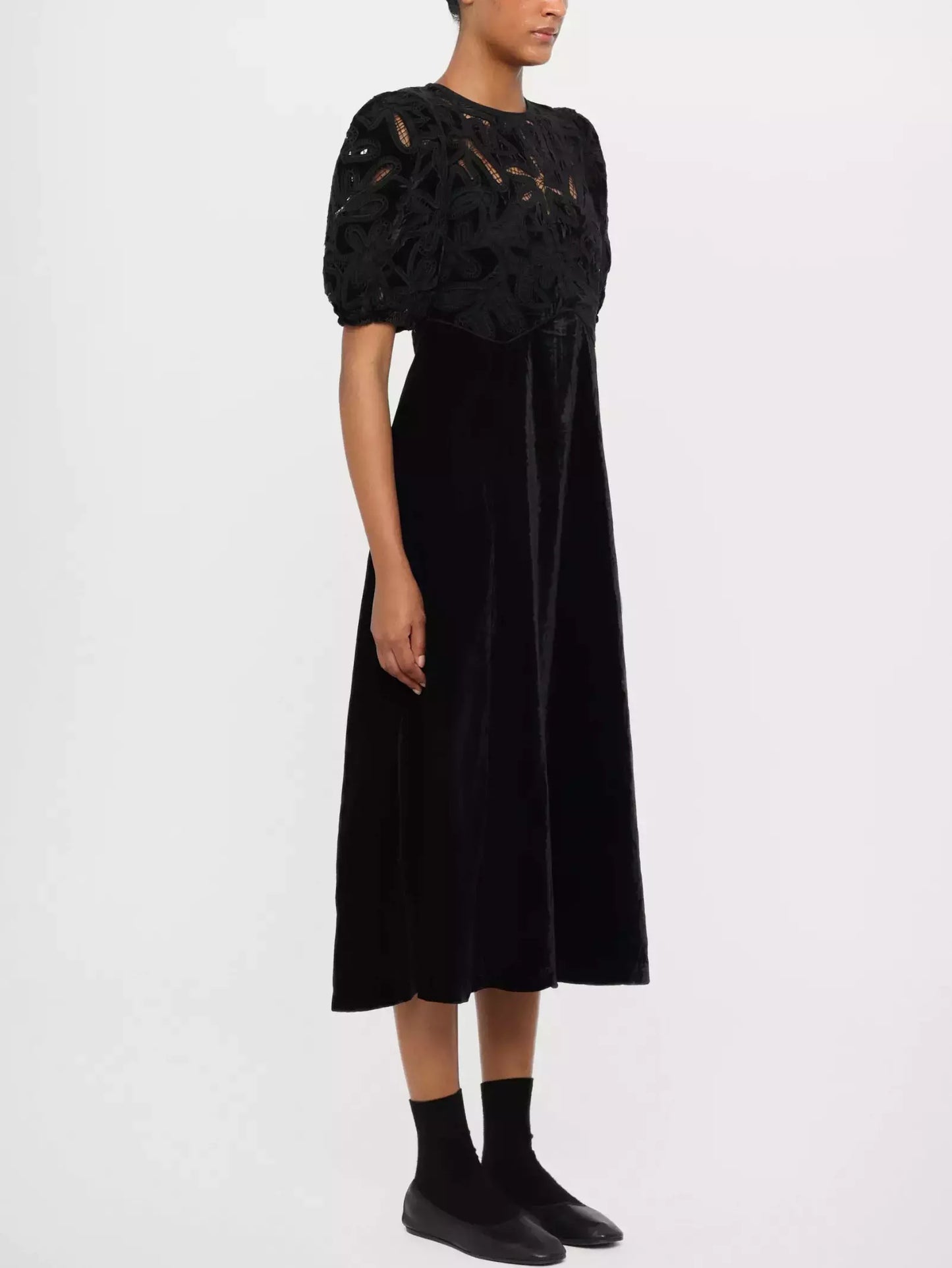 Black Lace-Trimmed Embroidered Velvet Midi Dress - Dresses