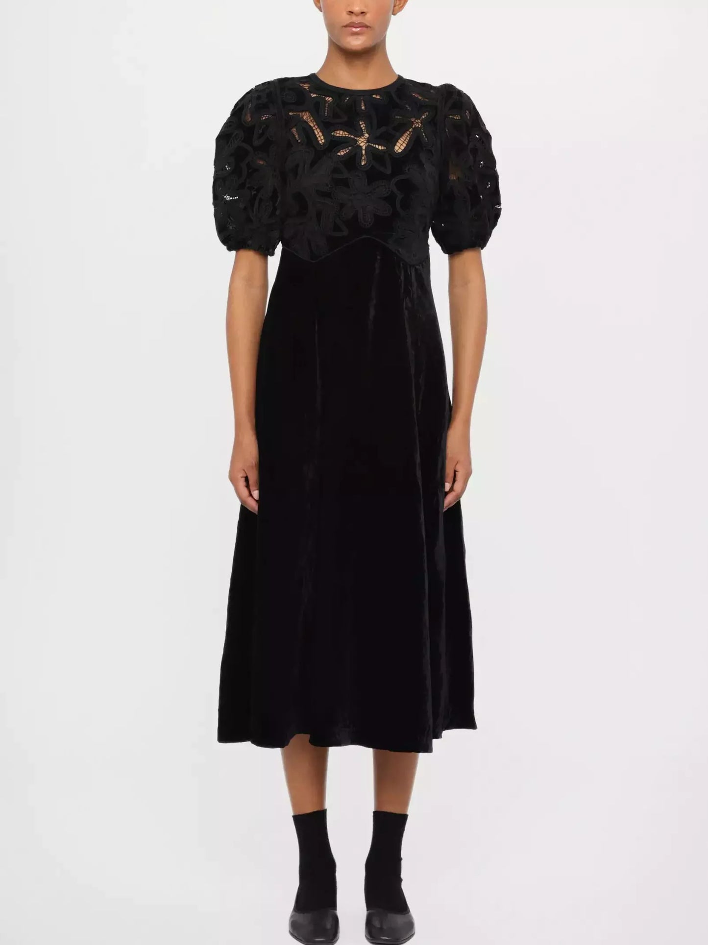 Black Lace-Trimmed Embroidered Velvet Midi Dress - Dresses
