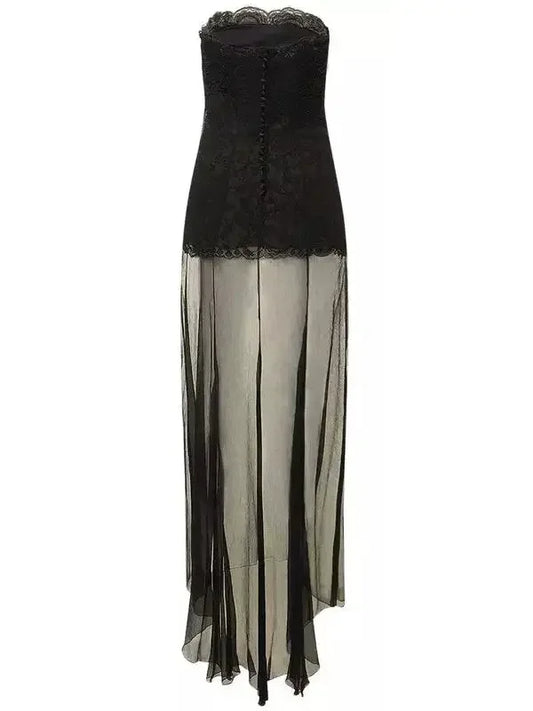 Black Lace & Tulle Strapless Long Gown - Dresses