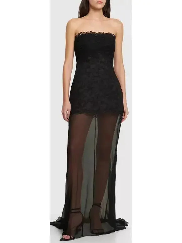 Black Lace & Tulle Strapless Long Gown - Dresses