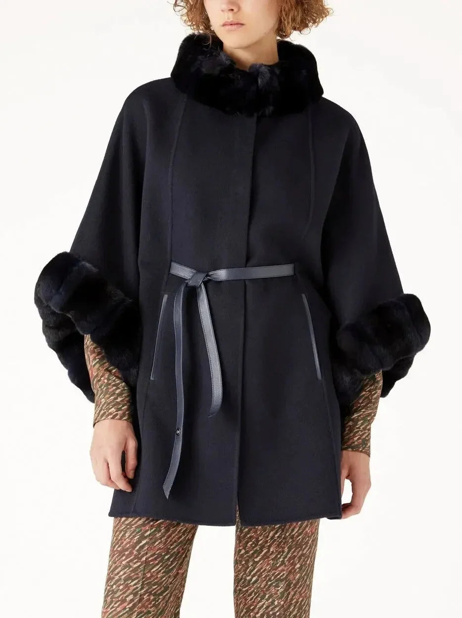 Black Leather-Belted Fur-Trim Cashmere Cape Coat - One size - Coats