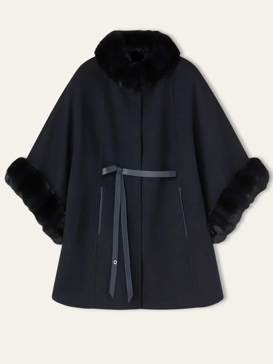 Black Leather-Belted Fur-Trim Cashmere Cape Coat - One size - Coats