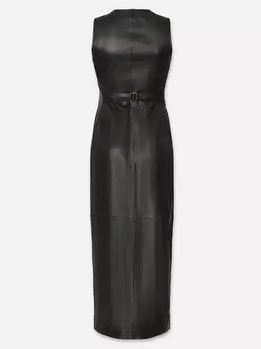 Black Leather Button-Front Midi Vest Dress - Dresses