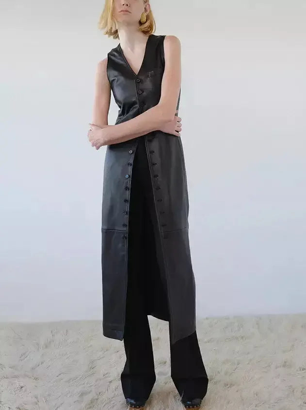 Black Leather Button-Front Midi Vest Dress - Dresses