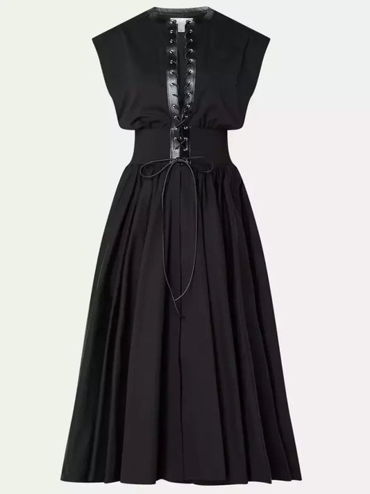 Black Leather Lace-Up Trimmed Midi Dress - Dresses