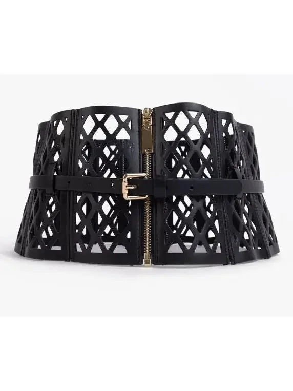 Black Leather Laser Cut-Out Corset Belt - Accessories