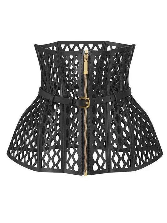 Black Leather Laser Cut-Out Wide Corset Belt - Accessories