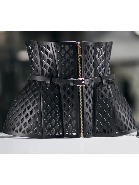 Black Leather Laser Cut-Out Wide Corset Belt - Accessories