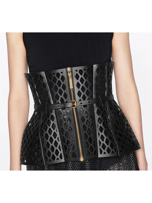 Black Leather Laser Cut-Out Wide Corset Belt - Accessories
