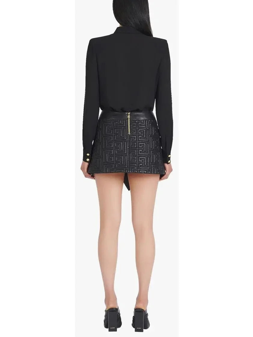 Black Leather Short Embossed Skirt with Monogram - Skirts