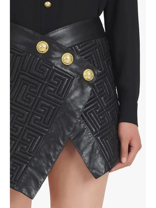 Black Leather Short Embossed Skirt with Monogram - Skirts