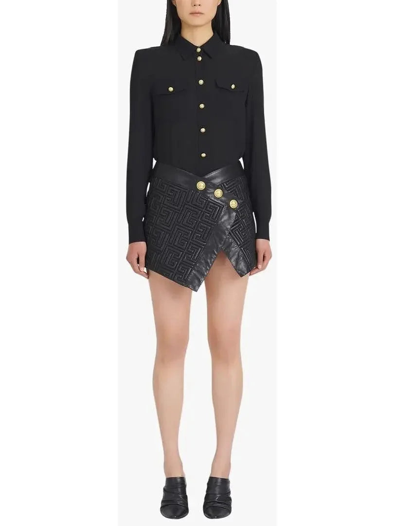 Black Leather Short Embossed Skirt with Monogram - Skirts