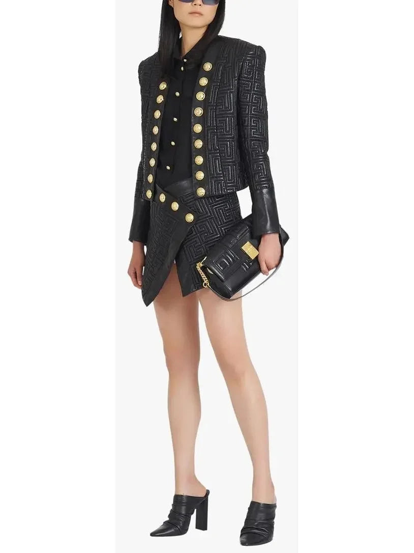 Black Leather Short Embossed Skirt with Monogram - Skirts