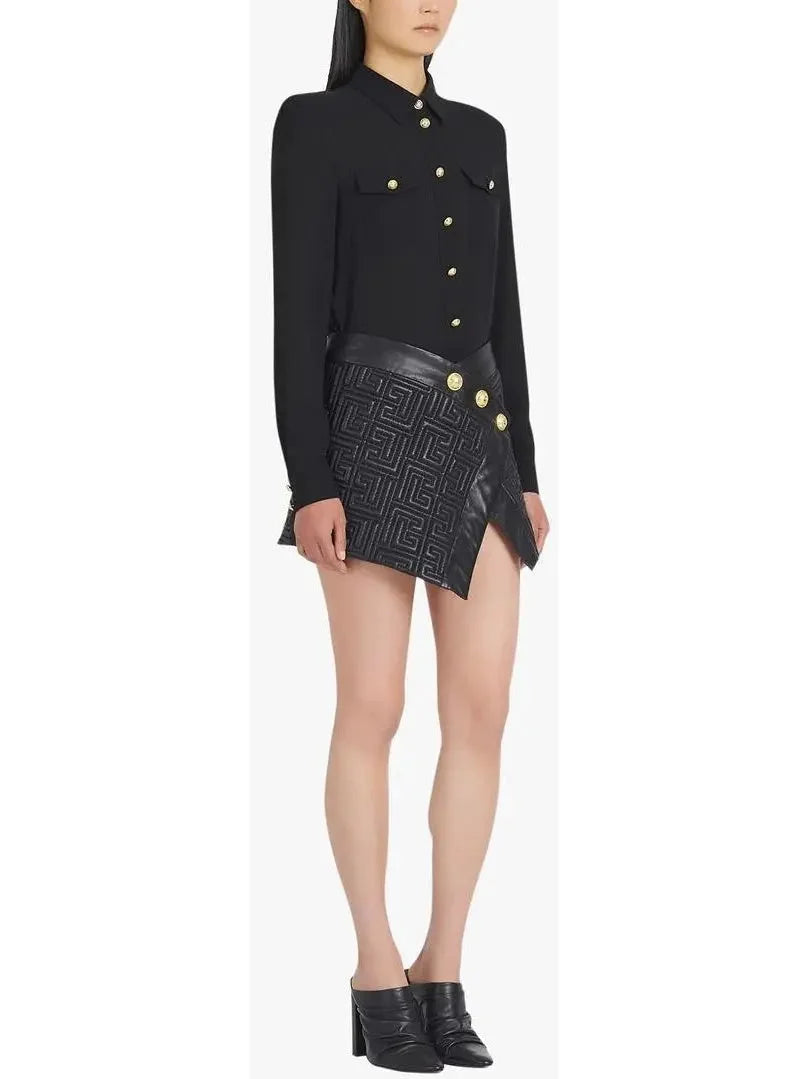 Black Leather Short Embossed Skirt with Monogram - Skirts