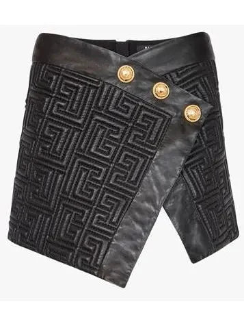 Black Leather Short Embossed Skirt with Monogram - Skirts