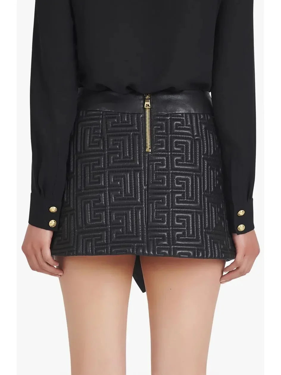 Black Leather Short Embossed Skirt with Monogram - Skirts