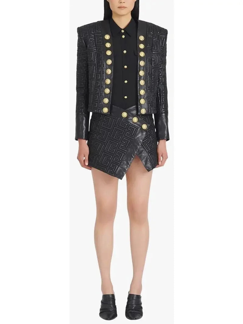 Black Leather Short Embossed Skirt with Monogram - Skirts