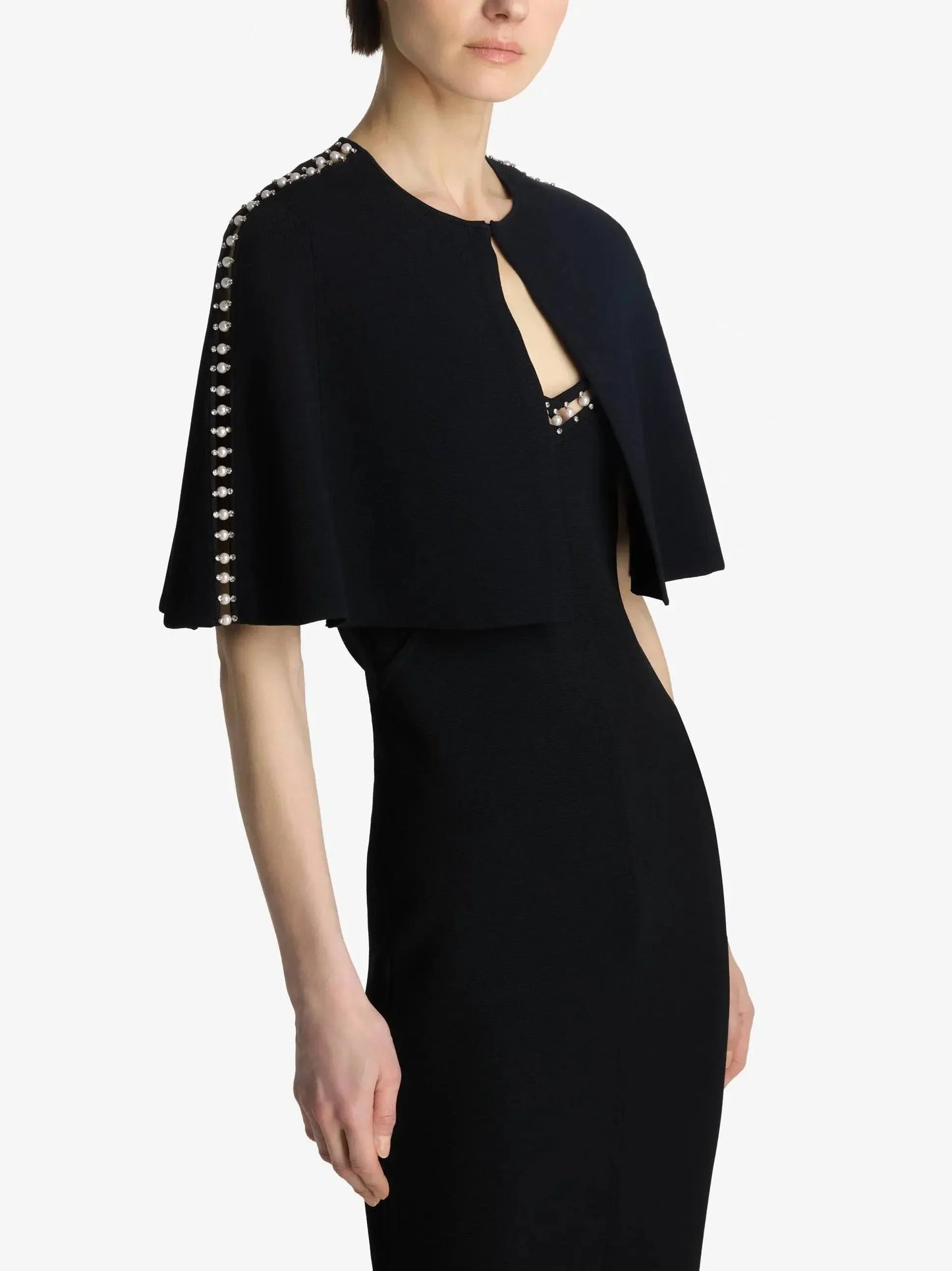 Black Long Embellished V-Neck Dress with Matching Cape - Dresses
