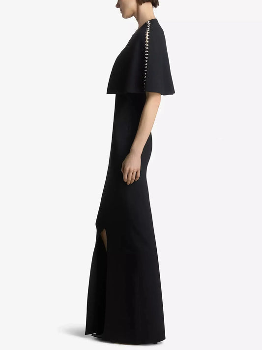 Black Long Embellished V-Neck Dress with Matching Cape - Dresses