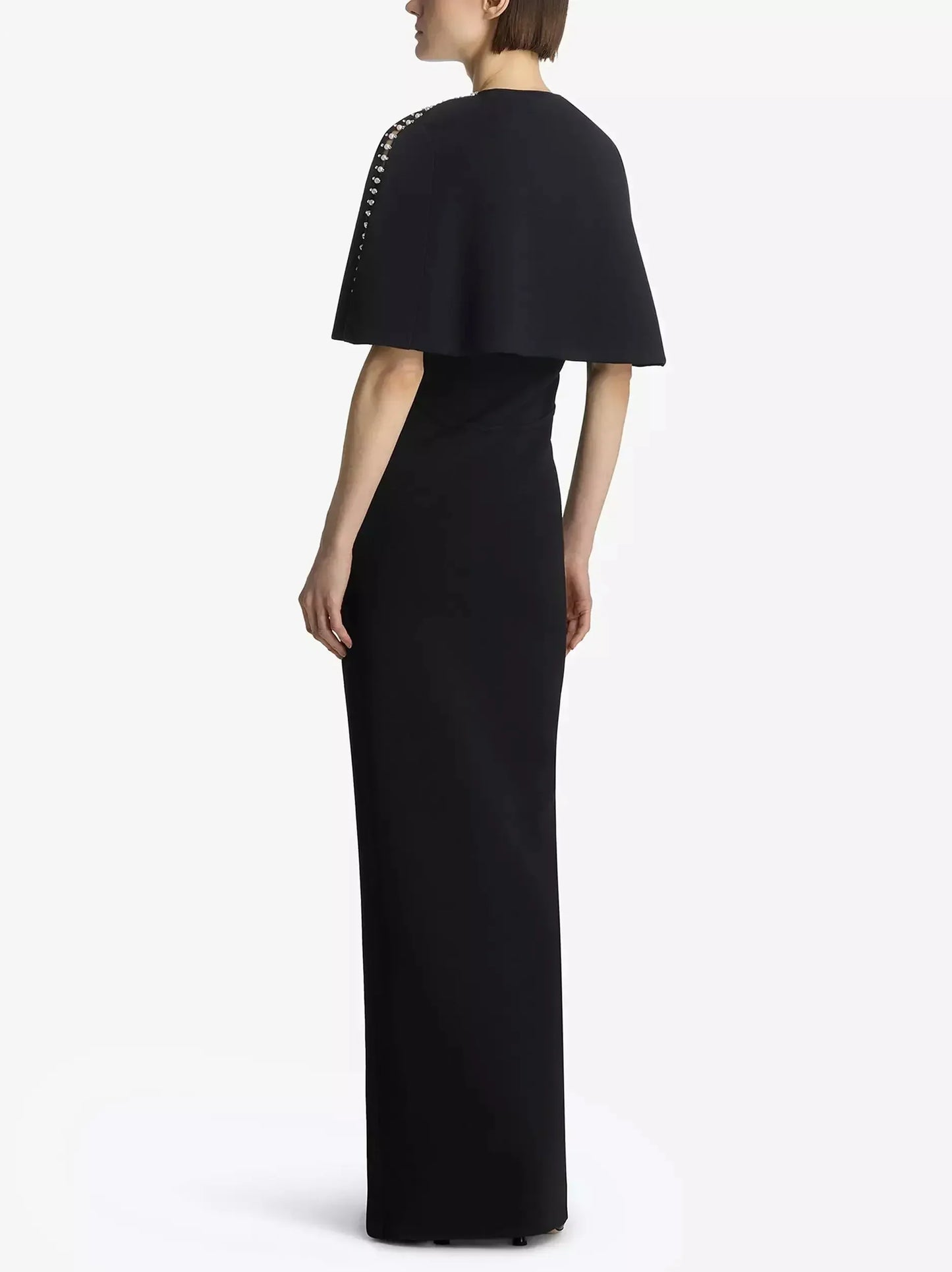 Black Long Embellished V-Neck Dress with Matching Cape - Dresses