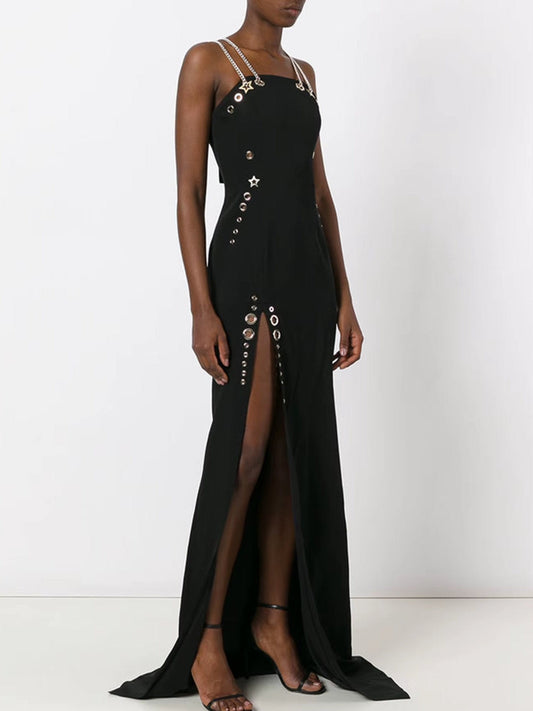 Black Long Maxi Dress with Eyelet Embellishments - Dresses