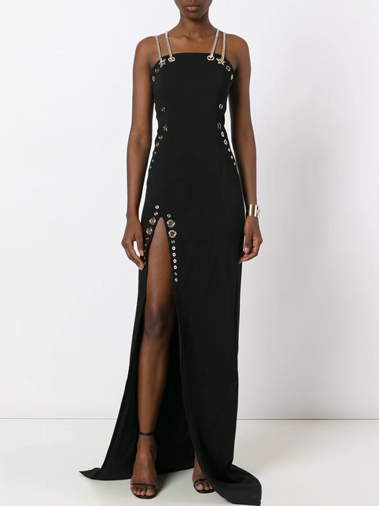Black Long Maxi Dress with Eyelet Embellishments - Dresses
