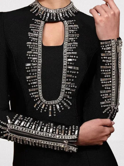 Black long-Sleeve Cut-Out Rhinestone Maxi Dress - Dresses