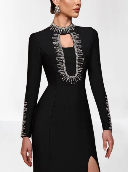 Black long-Sleeve Cut-Out Rhinestone Maxi Dress - Dresses
