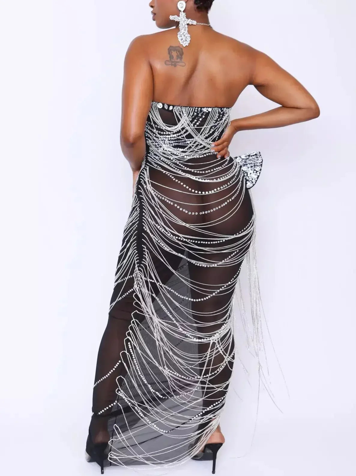Black Mesh Sculptured Dress with Draped Crystals - Dresses
